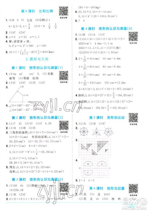 江西教育出版社2023阳光同学课时优化作业六年级数学下册人教版浙江专版参考答案