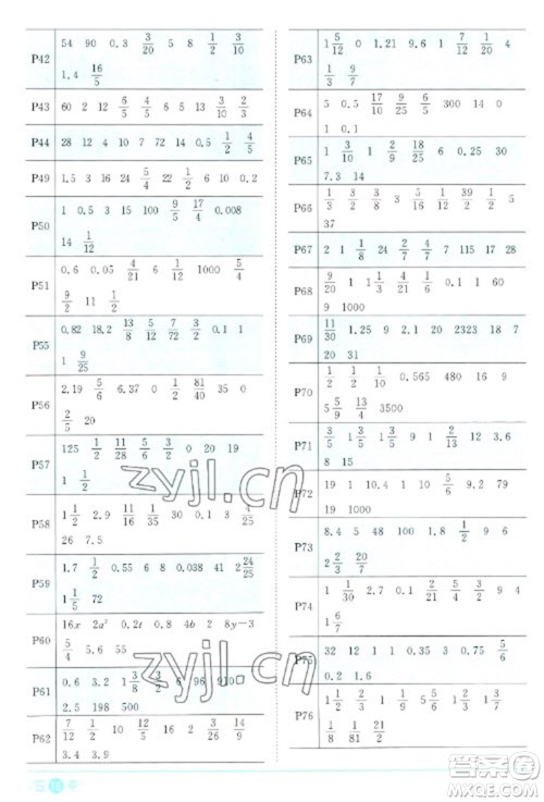 江西教育出版社2023阳光同学课时优化作业六年级数学下册人教版浙江专版参考答案