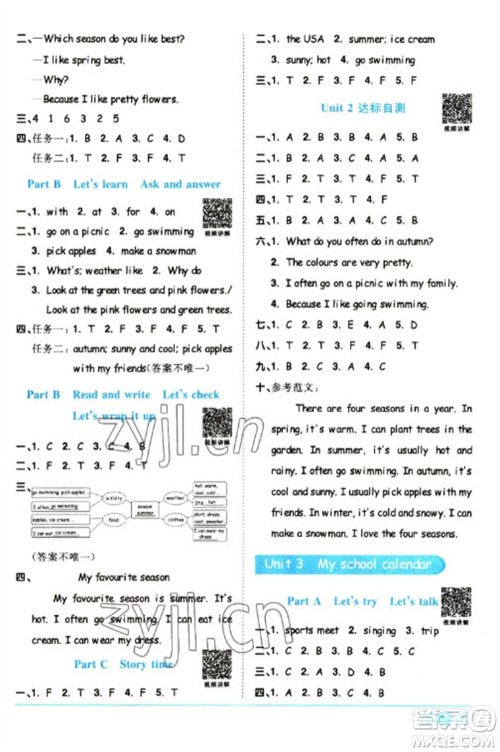 江西教育出版社2023阳光同学课时优化作业五年级英语下册人教版浙江专版参考答案