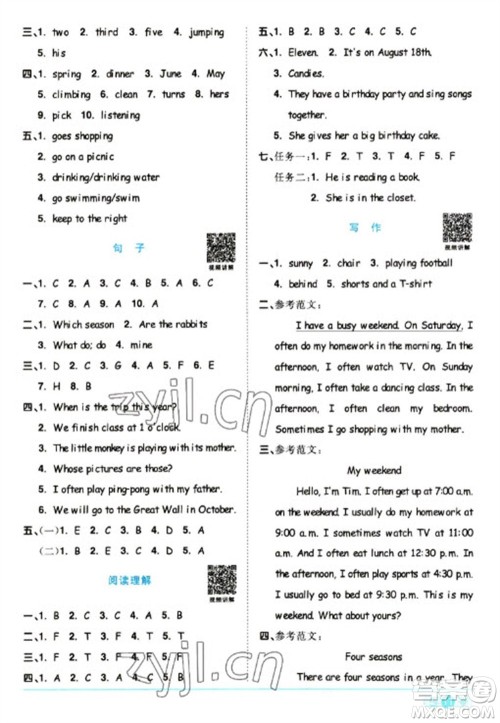 江西教育出版社2023阳光同学课时优化作业五年级英语下册人教版浙江专版参考答案