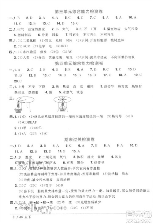 江西教育出版社2023阳光同学课时优化作业五年级科学下册教科版参考答案 江西教育出版社2023阳光同学课时优化作业五年级科学下册教科版参考答案