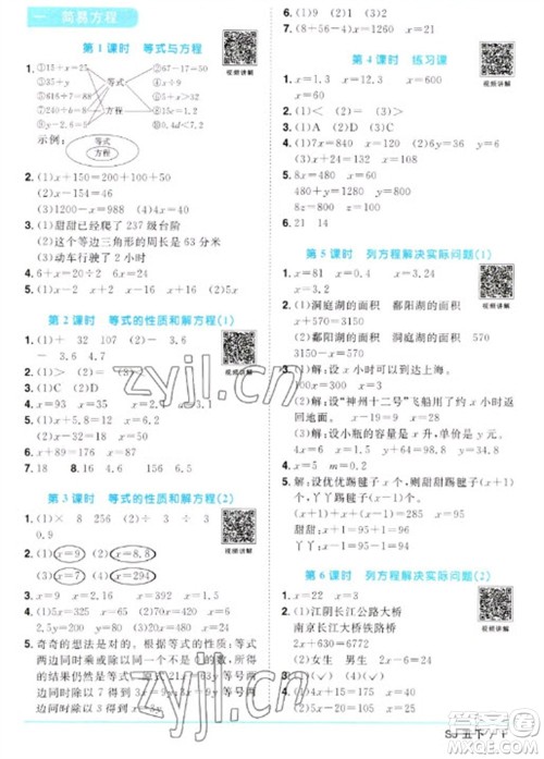 江西教育出版社2023阳光同学课时优化作业五年级数学下册苏教版参考答案