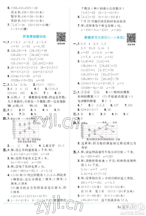 江西教育出版社2023阳光同学课时优化作业五年级数学下册苏教版参考答案