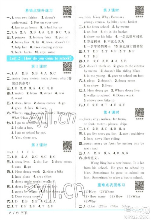 江西教育出版社2023阳光同学课时优化作业五年级英语下册译林版参考答案