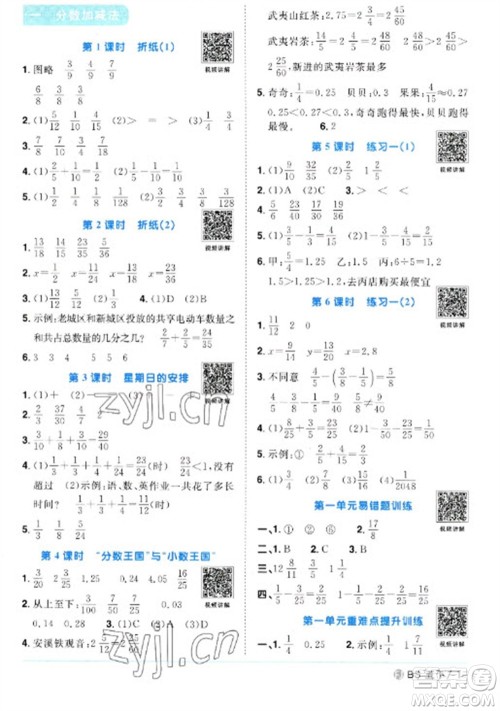 江西教育出版社2023阳光同学课时优化作业五年级数学下册北师大版福建专版参考答案