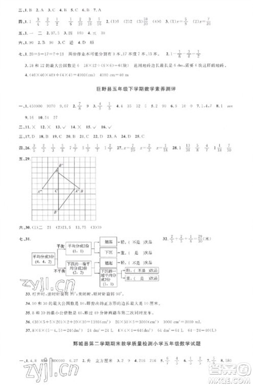 江西教育出版社2023阳光同学课时优化作业五年级数学下册人教版菏泽专版参考答案