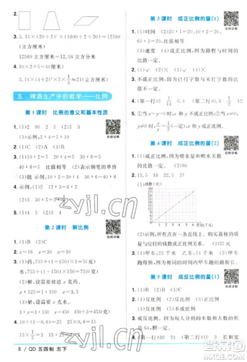 江西教育出版社2023阳光同学课时优化作业五年级数学下册青岛版五四制参考答案 江西教育出版社2023阳光同学课时优化作业五年级数学下册青岛版五四制参考答案