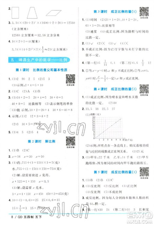 江西教育出版社2023阳光同学课时优化作业五年级数学下册青岛版五四制参考答案