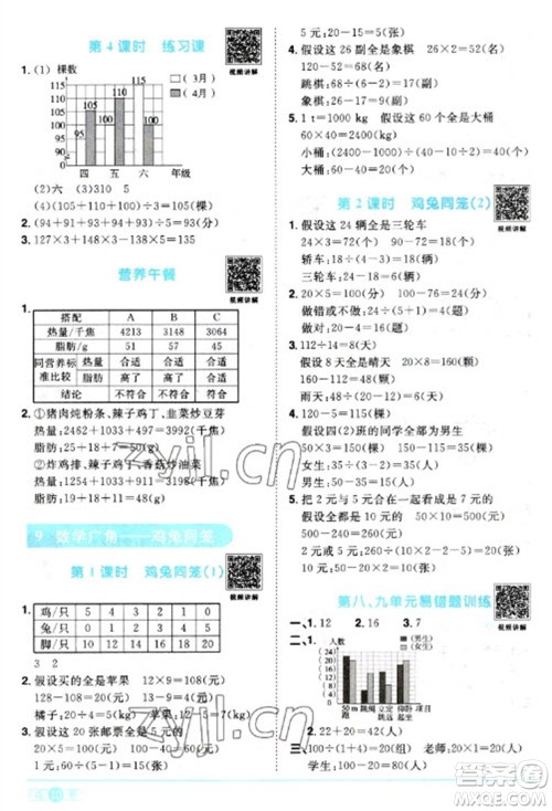 江西教育出版社2023阳光同学课时优化作业四年级数学下册人教版参考答案