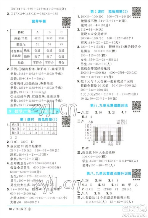 福建少年儿童出版社2023阳光同学课时优化作业四年级数学下册人教版福建专版参考答案