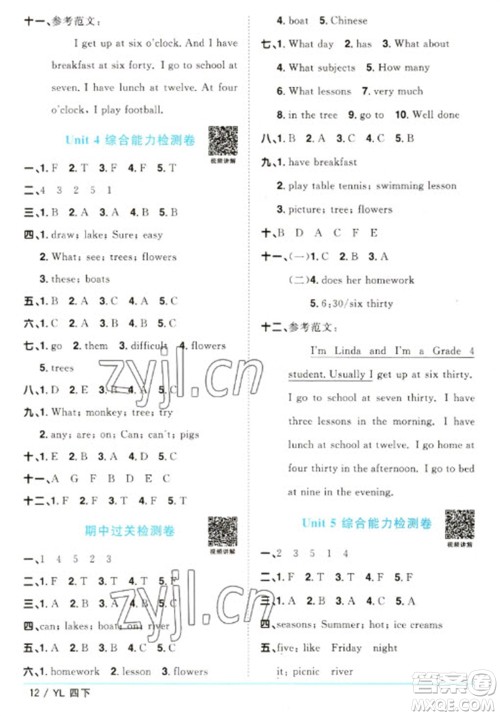 江西教育出版社2023阳光同学课时优化作业四年级英语下册译林版参考答案