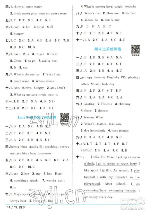 江西教育出版社2023阳光同学课时优化作业四年级英语下册译林版参考答案