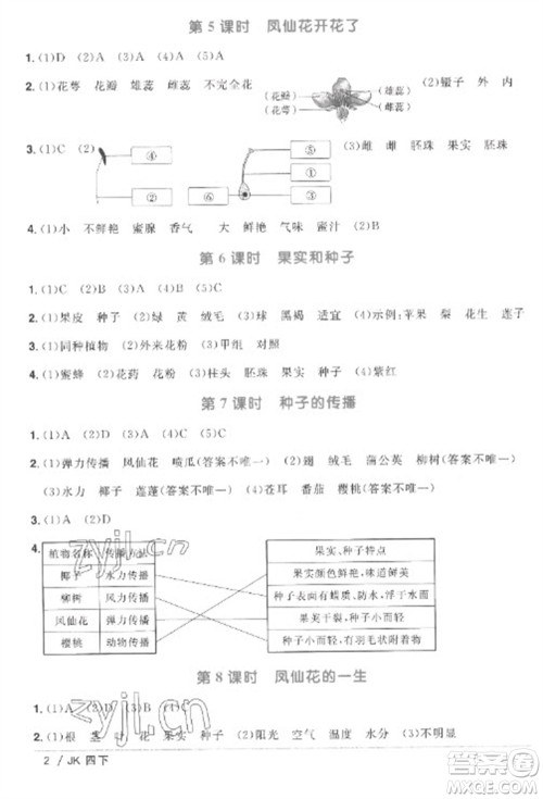 江西教育出版社2023阳光同学课时优化作业四年级科学下册教科版参考答案