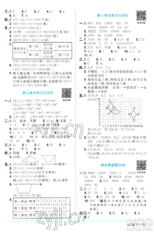 江西教育出版社2023阳光同学课时优化作业四年级数学下册苏教版参考答案