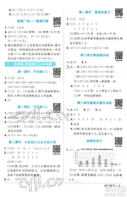江西教育出版社2023阳光同学课时优化作业四年级数学下册青岛版参考答案