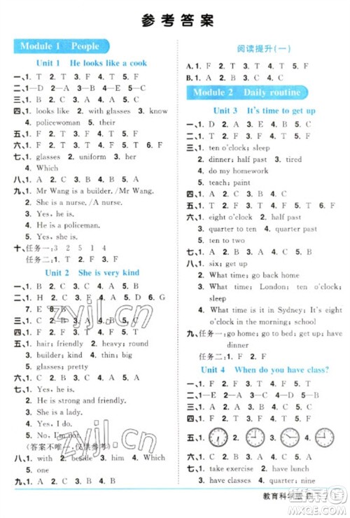 江西教育出版社2023阳光同学课时优化作业四年级英语下册教育科学版参考答案 江西教育出版社2023阳光同学课时优化作业四年级英语下册教育科学版参考答案