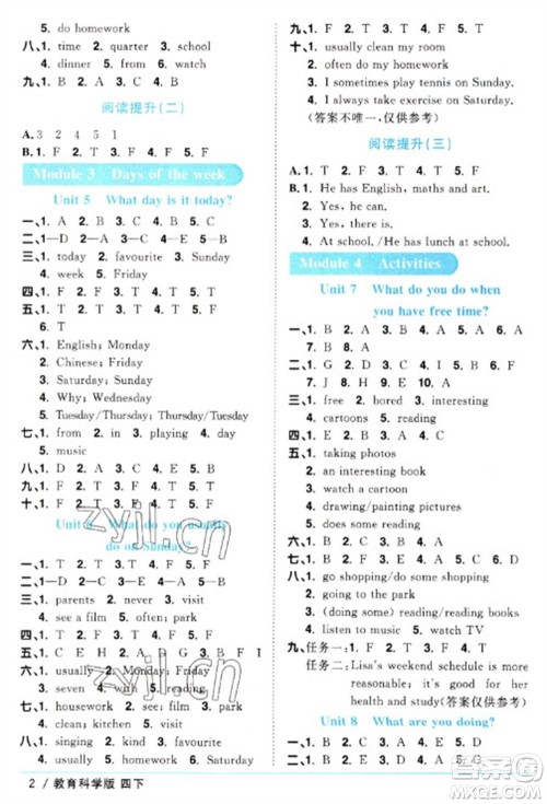 江西教育出版社2023阳光同学课时优化作业四年级英语下册教育科学版参考答案 江西教育出版社2023阳光同学课时优化作业四年级英语下册教育科学版参考答案