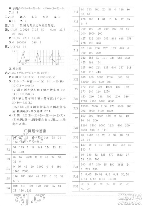 江西教育出版社2023阳光同学课时优化作业四年级数学下册人教版菏泽专版参考答案