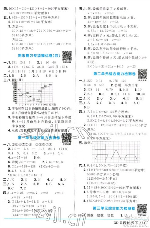 江西教育出版社2023阳光同学课时优化作业四年级数学下册青岛版五四制参考答案