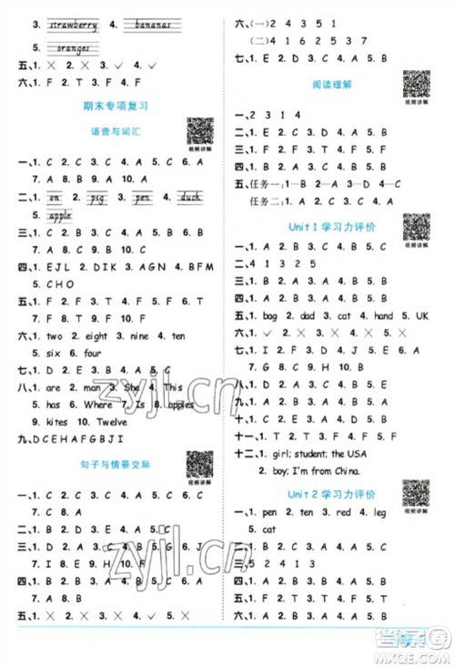 江西教育出版社2023阳光同学课时优化作业三年级英语下册人教版浙江专版参考答案