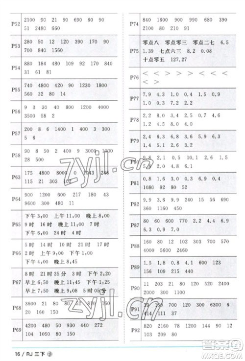 福建少年儿童出版社2023阳光同学课时优化作业三年级数学下册人教版福建专版参考答案