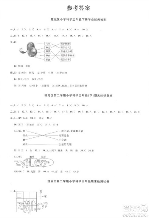 江西教育出版社2023阳光同学课时优化作业三年级科学下册教科版参考答案