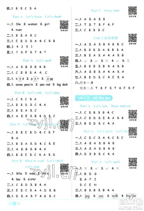 江西教育出版社2023阳光同学课时优化作业三年级英语下册人教PEP版参考答案