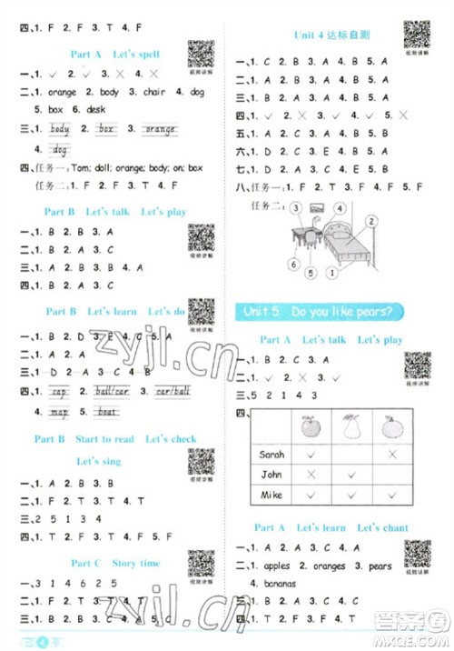江西教育出版社2023阳光同学课时优化作业三年级英语下册人教PEP版参考答案