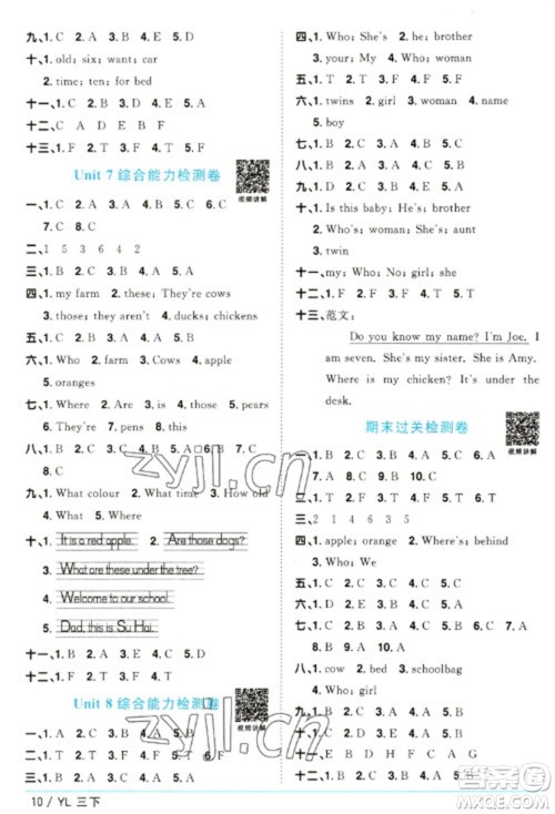 江西教育出版社2023阳光同学课时优化作业三年级英语下册译林版参考答案