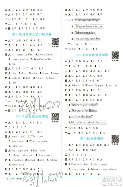 江西教育出版社2023阳光同学课时优化作业三年级英语下册译林版参考答案