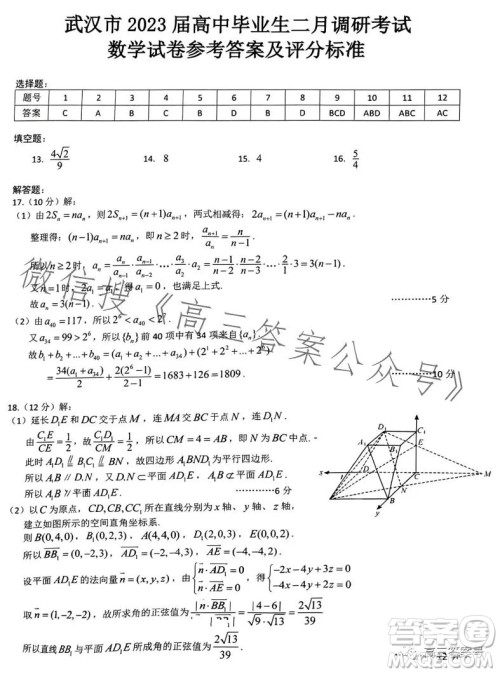 武汉市2023届高三2月调研考试数学试卷答案