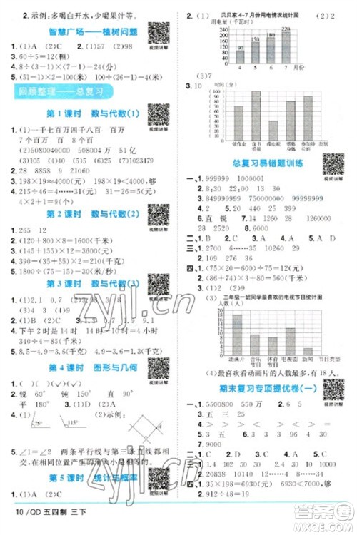 江西教育出版社2023阳光同学课时优化作业三年级数学下册青岛版五四制参考答案