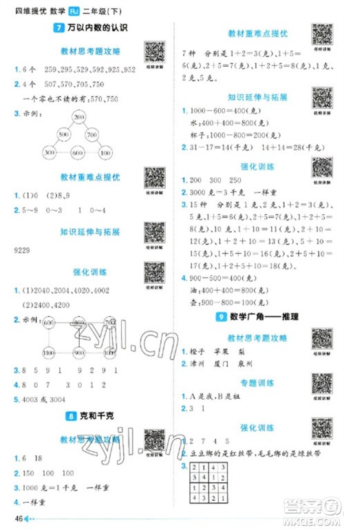 江西教育出版社2023阳光同学课时优化作业二年级数学下册人教版参考答案