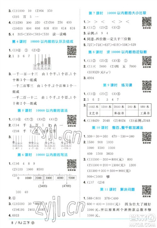 福建少年儿童出版社2023阳光同学课时优化作业二年级数学下册人教版福建专版参考答案