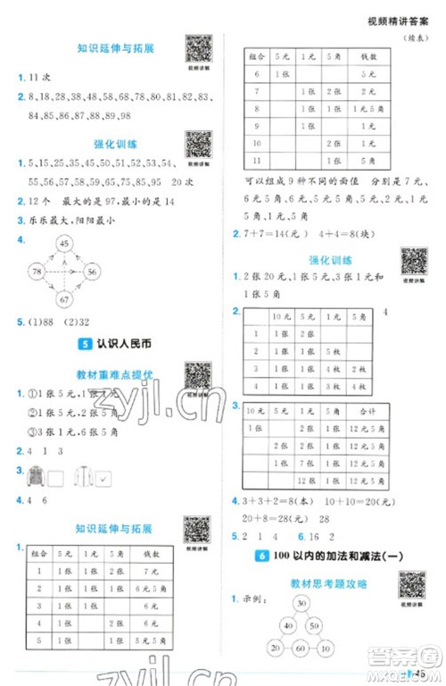 江西教育出版社2023阳光同学课时优化作业一年级数学下册人教版浙江专版参考答案