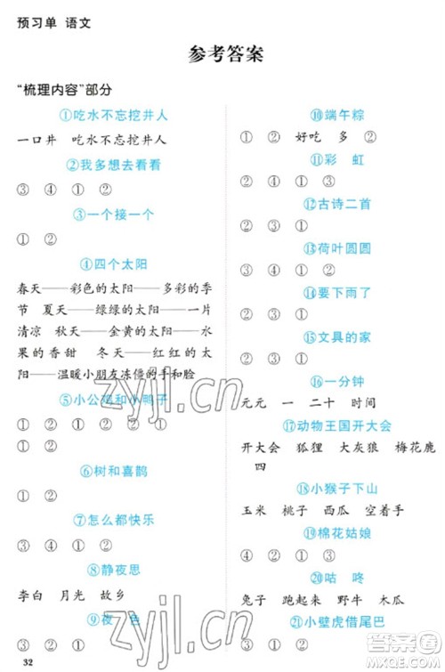 福建少年儿童出版社2023阳光同学课时优化作业一年级语文下册人教版福建专版参考答案