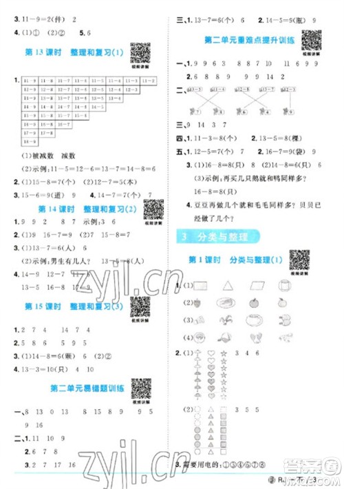 福建少年儿童出版社2023阳光同学课时优化作业一年级数学下册人教版福建专版参考答案