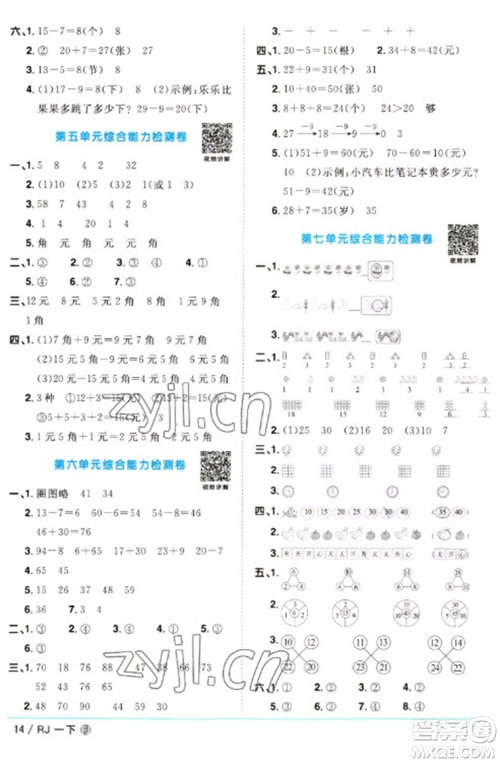 福建少年儿童出版社2023阳光同学课时优化作业一年级数学下册人教版福建专版参考答案