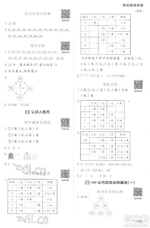 江西教育出版社2023阳光同学课时优化作业一年级数学下册人教版菏泽专版参考答案