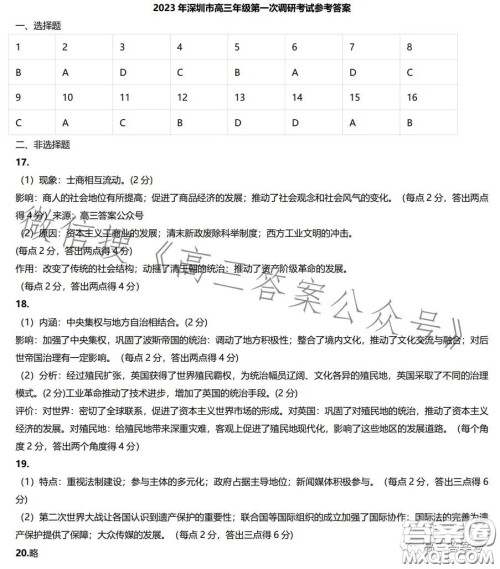 2023年深圳市高三年级第一次调研考试历史试卷答案