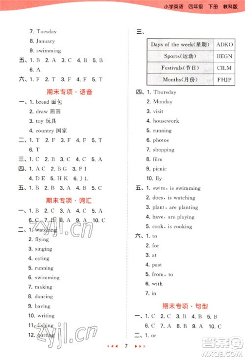 教育科学出版社2023春季53天天练四年级英语下册教科版广州专版参考答案