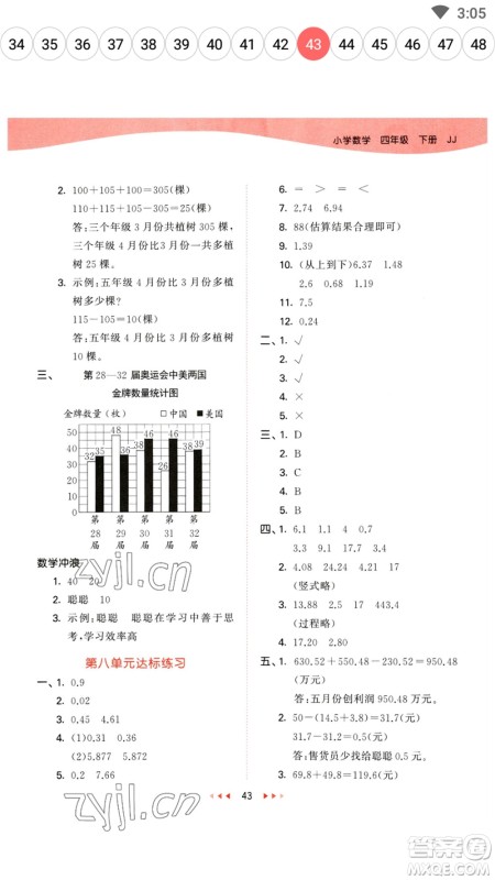 地质出版社2023春季53天天练四年级数学下册冀教版参考答案