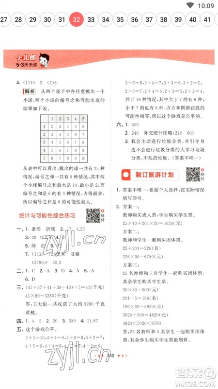 教育科学出版社2023春季53天天练六年级数学下册苏教版参考答案