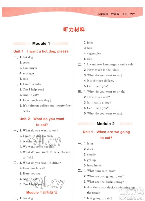 地质出版社2023春季53天天练六年级英语下册外研版参考答案