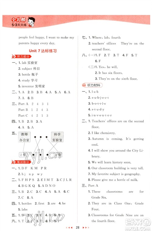 首都师范大学出版社2023春季53天天练六年级英语下册闽教版参考答案