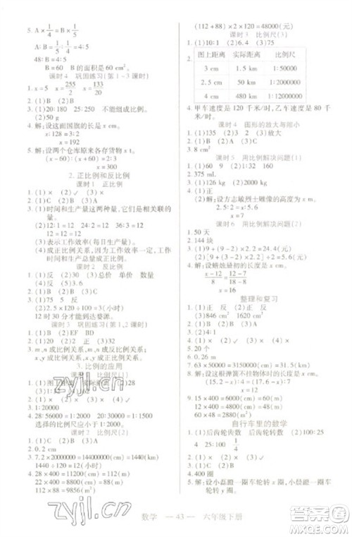二十一世纪出版社2023新课程新练习六年级数学下册人教版参考答案