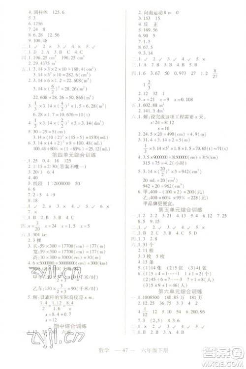 二十一世纪出版社2023新课程新练习六年级数学下册人教版参考答案