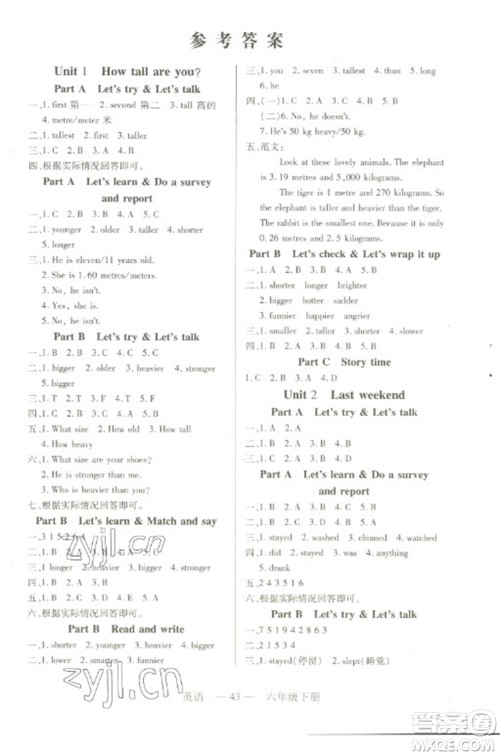 二十一世纪出版社2023新课程新练习六年级英语下册人教PEP版参考答案