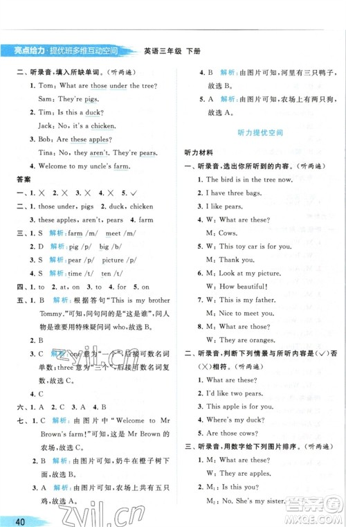 北京教育出版社2023亮点给力提优班多维互动空间三年级英语下册译林版参考答案