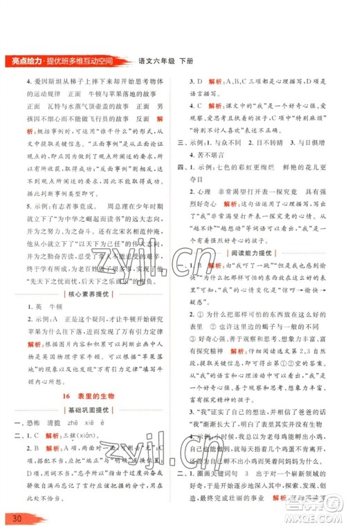 北京教育出版社2023亮点给力提优班多维互动空间六年级语文下册人教版参考答案